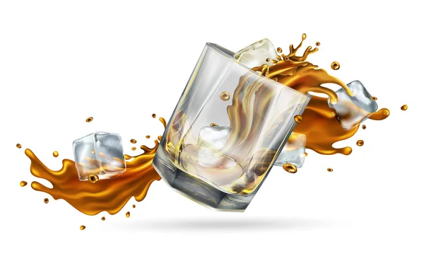 Falling glass with a splash of whiskey and ice cubes. — Stock Photo, Image