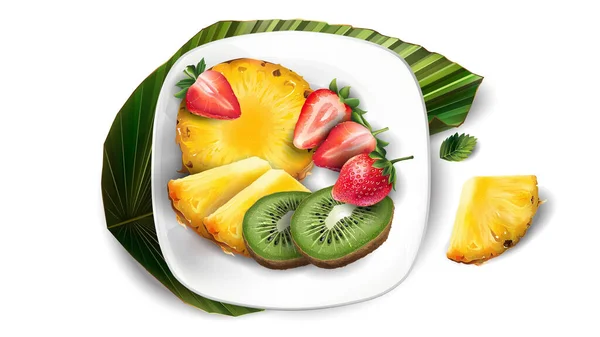 Composizione di ananas, kiwi e fragole su un piatto bianco e foglia. — Foto Stock