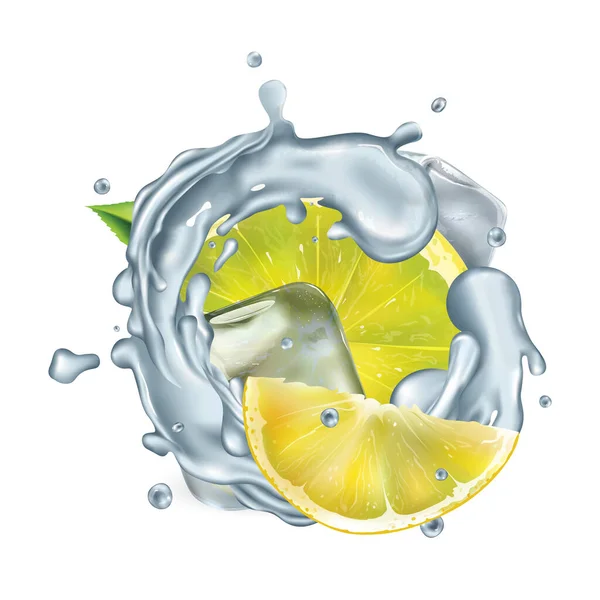 Frische Zitronenscheiben im Wasser mit Eiswürfeln bespritzen — Stockfoto