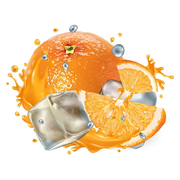 Whole and sliced orange with ice cubes and a splash of juice — Stock Photo, Image