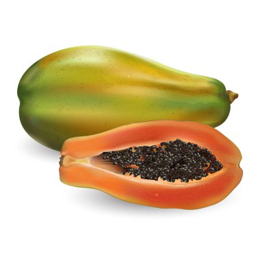 Beyaz arka planda tam ve yarım papaya..
