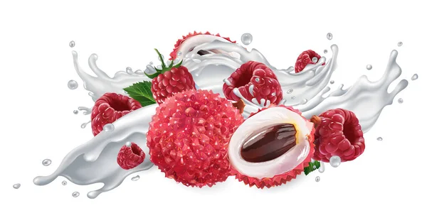 Lychee dan raspberry dalam percikan yogurt. — Stok Foto