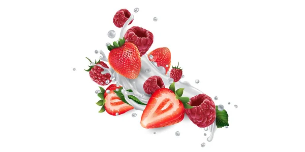 Fresas y frambuesas en salpicaduras de yogur o leche. —  Fotos de Stock