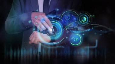 Holografik HUD ve bilgi elementleri ile finansal arkaplan.