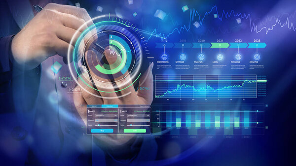 Финансовый фон с голографической инфографикой корпоративного развития