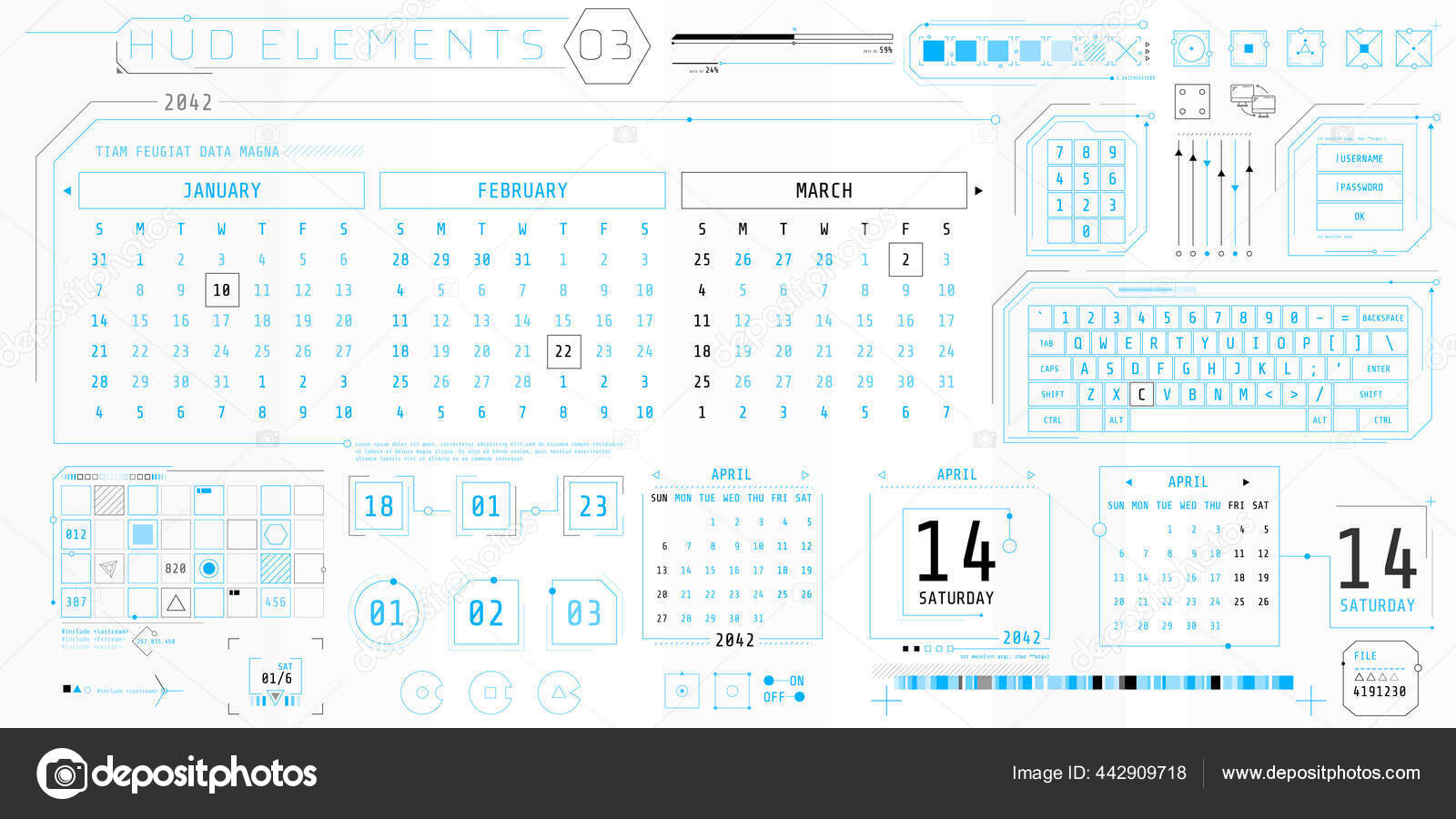 A set of HUD calendars elements for a futuristic interface. Stock