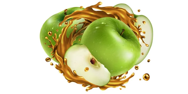 Maçãs verdes inteiras e fatiadas em um respingo de suco. — Fotografia de Stock