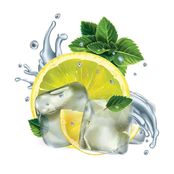 Lemon slices, mint leaves and water splash with ice cubes — Stock Photo, Image