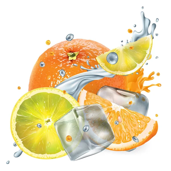Свежий апельсин и лимон с кубиками льда и брызгами воды и сока — стоковое фото