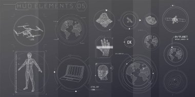 Fütürist bir arayüz için üç boyutlu HUD tarama ögeleri seti.