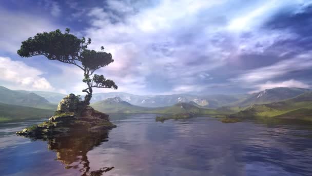 Ein Baum auf einer Insel im Bergsee. — Stockvideo