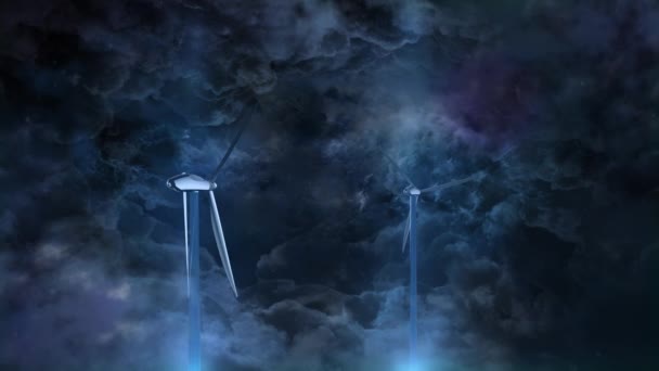 Puncak turbin angin di antara awan malam tebal. — Stok Video