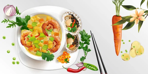 Tom-Yam-Suppe mit Garnelen und Jakobsmuscheln mit schwarzem Kaviar. — Stockvektor