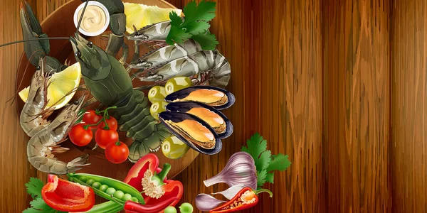 लॉबस्टर, राजा prawns, मच्छर और सब्जियों के साथ समुद्री भोजन डिश . — स्टॉक वेक्टर
