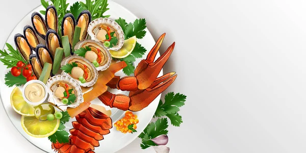 Seafood dish with mussels, lobster, scallops and red caviar. — Stock Vector