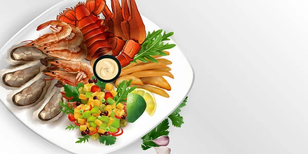 Plato de mariscos con papas fritas y ensalada. — Vector de stock