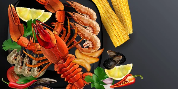 Plato de mariscos con langosta, gambas y mazorcas de maíz. — Vector de stock