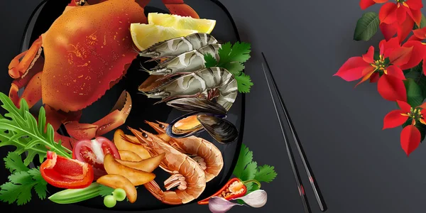 Plato de mariscos estilo japonés con cangrejo y langostinos. — Vector de stock