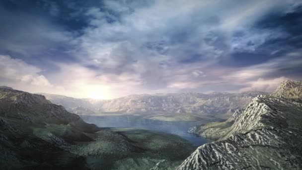 Paysage aube d'un lac de montagne au ciel sombre. — Video