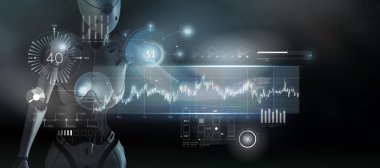 Robot, holografik bir panelde hisse senedi verileriyle çalışıyor. 3 Boyutlu Hazırlama
