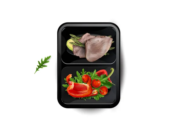 Βραστό κρέας με λαχανικά και αβοκάντο σε κουτί φαγητού. — Φωτογραφία Αρχείου