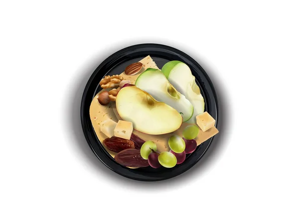 Cheese with assorted nuts and fruits on a black plate. — Stock Photo, Image