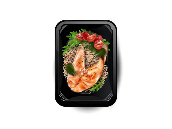 Rotes Fischsteak mit Reis in einer Lunchbox. — Stockfoto