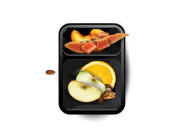 Verschiedene Früchte und Nüsse in einer Lunchbox. — Stockfoto