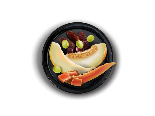 Melão, mamão, uvas e tâmaras em um prato preto. — Fotografia de Stock
