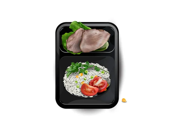 Gekochtes Fleisch mit Reis und Gemüse in einer Lunchbox. — Stockfoto