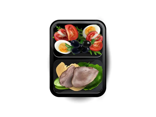 Gekochtes Fleisch mit Ei, Käse und Gemüse in einer Lunchbox. — Stockfoto