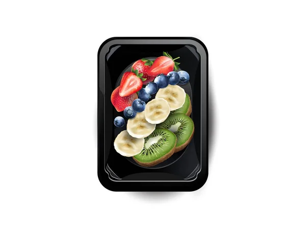 Truskawki, jagody, banany i kiwi w pudełku śniadaniowym. — Zdjęcie stockowe