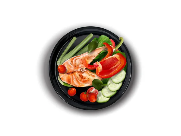 Red fish with vegetables on a black plate. — Stock Photo, Image