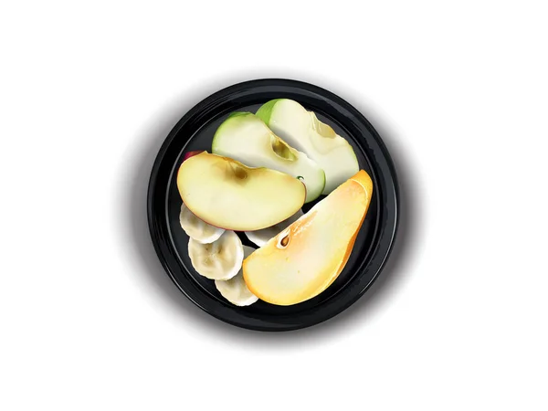 Μήλο, αχλάδι και φέτες μπανάνας σε μαύρο πιάτο. — Φωτογραφία Αρχείου
