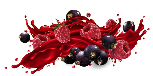 Splash de suco de frutas com framboesa e groselha preta bagas. — Fotografia de Stock