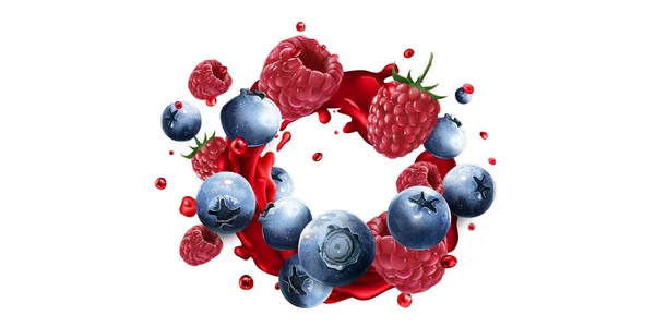 Áfonya és málna egy csepp vörös gyümölcslében. — Stock Fotó