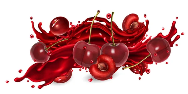 Splash de suco de frutas e cerejas frescas. — Fotografia de Stock