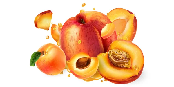 Persik segar dan aprikot dan tetes jus buah. — Stok Foto