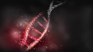 Koyu arkaplandaki DNA modelinin tahrip edilmesi, 3 boyutlu görüntüleme.