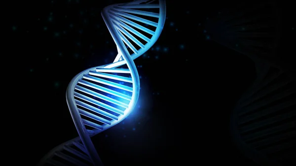 Blauwe gloed van DNA model op een zwarte achtergrond, 3D render. — Stockfoto