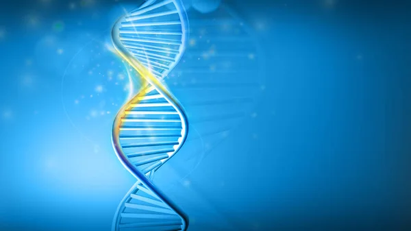 DNA helix model on a blue background, 3D render.