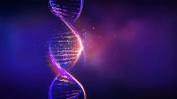 Gloeiende DNA strengen in violet blauwe kleuren, 3D render. — Stockfoto