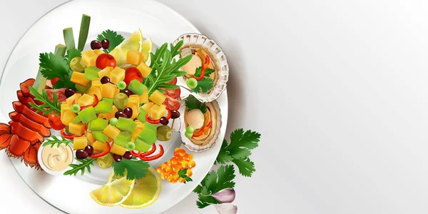 Sałatka warzywna z homarem, przegrzebkami i czerwonym kawiorem. — Zdjęcie stockowe