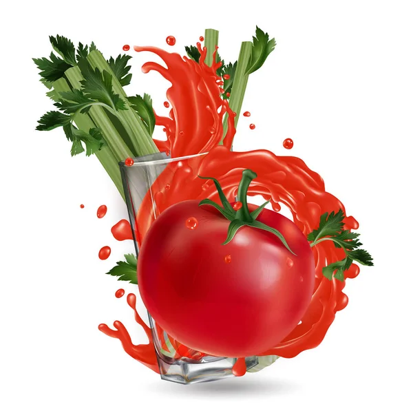 Pomidor, seler i szklanka z odrobiną soku warzywnego. — Zdjęcie stockowe