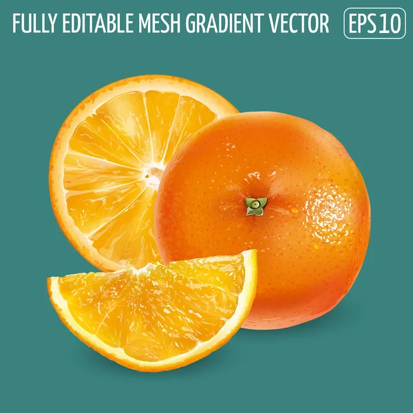 Целые оранжевые и оранжевые ломтики на зеленом фоне. — стоковый вектор