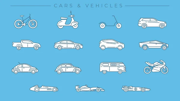 Auto 's en voertuigen concept lijn stijl vector pictogrammen ingesteld. — Stockvector