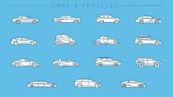 ชุดไอคอนสไตล์เส้นแนวคิดของรถยนต์และยานพาหนะ . — ภาพเวกเตอร์สต็อก