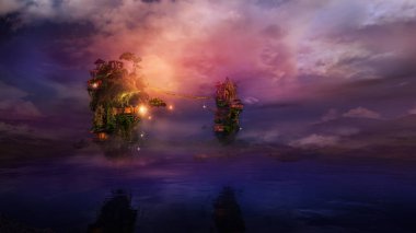 Fantastic night landscape with flying islands over the lake, 3D render. clipart