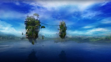 Fantastic landscape with a lake and flying islands, 3D render. clipart