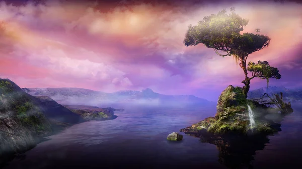 Paisaje de montaña con un árbol en una isla de lago, 3D render. —  Fotos de Stock
